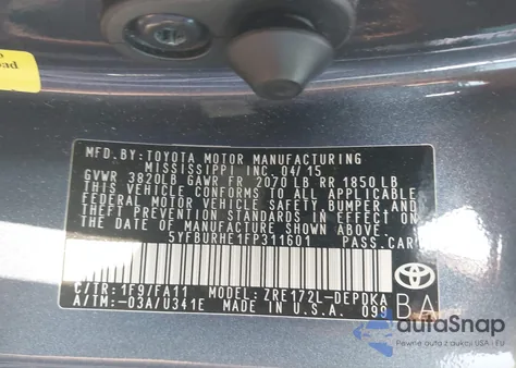 2015 Toyota Corolla L из США, поврежденный, VIN 5YFBURHE1FP311601